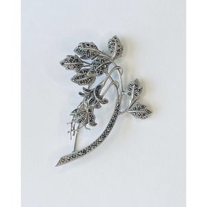 Vtg Judith Jack Sterling Silver and Marcasite Flower Pin Brooch 3.5” Signed JJ